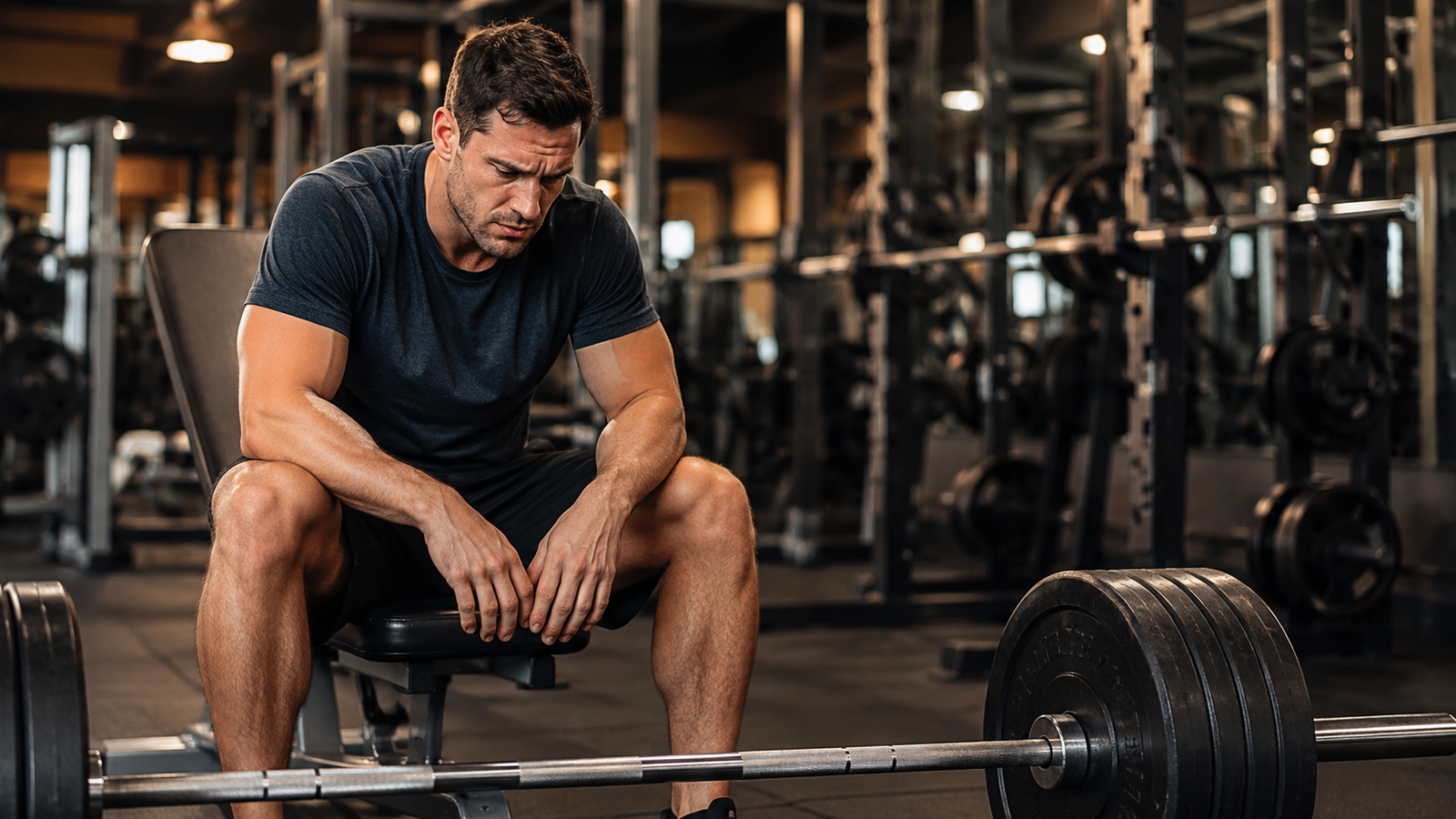 Man in gym sitting on bench with concerned expression during workout