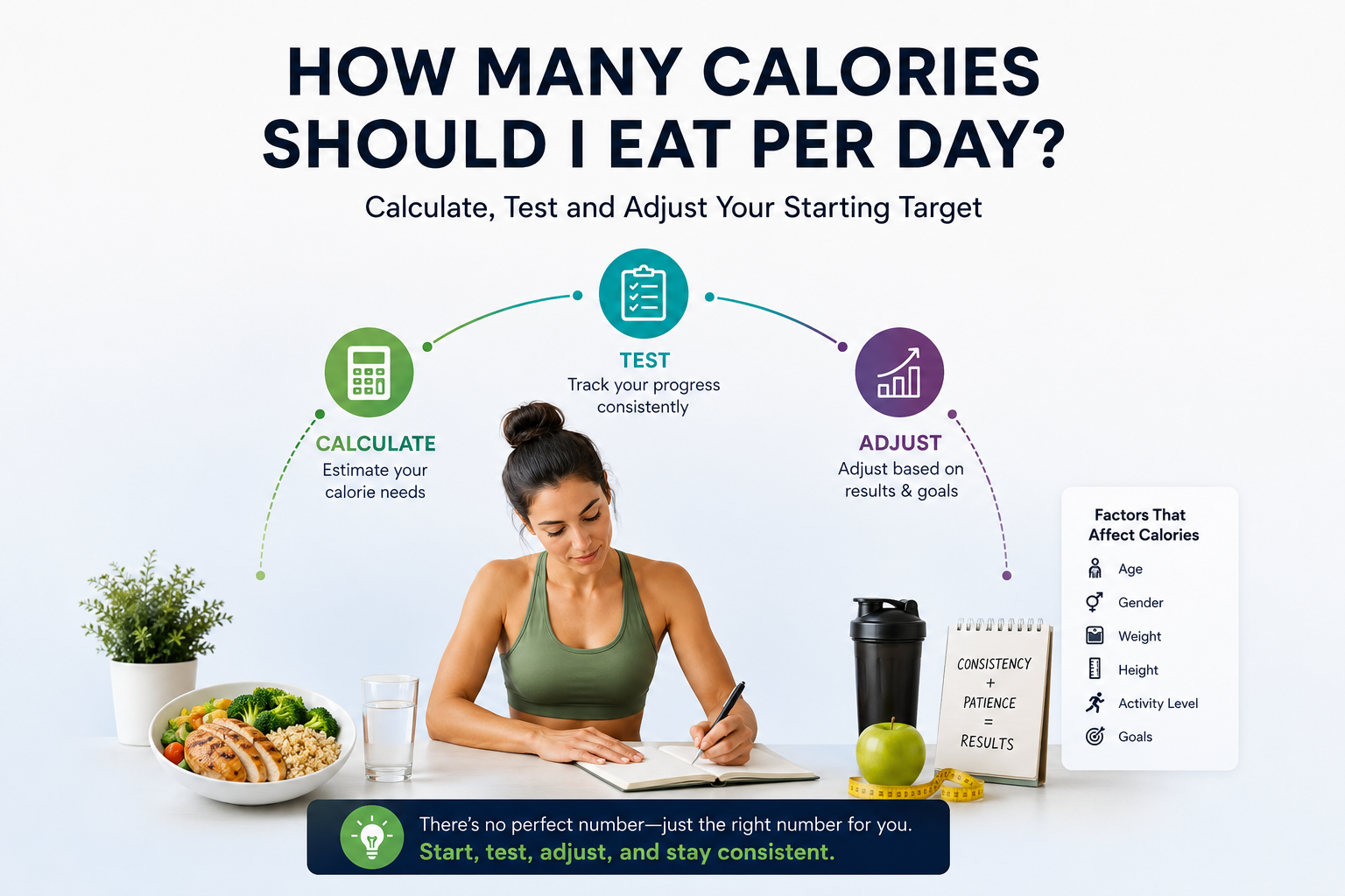Estimate, test, and adjust your daily calorie target — a three-step cycle diagram.