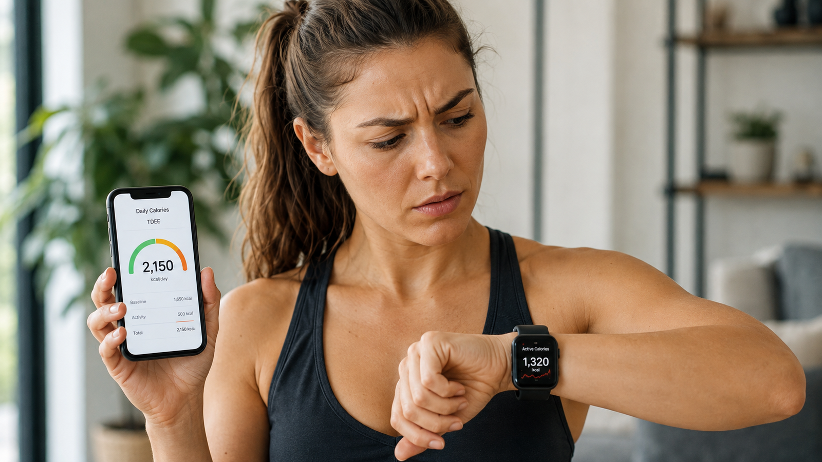 Woman comparing different calorie estimates on a TDEE calculator and fitness watch