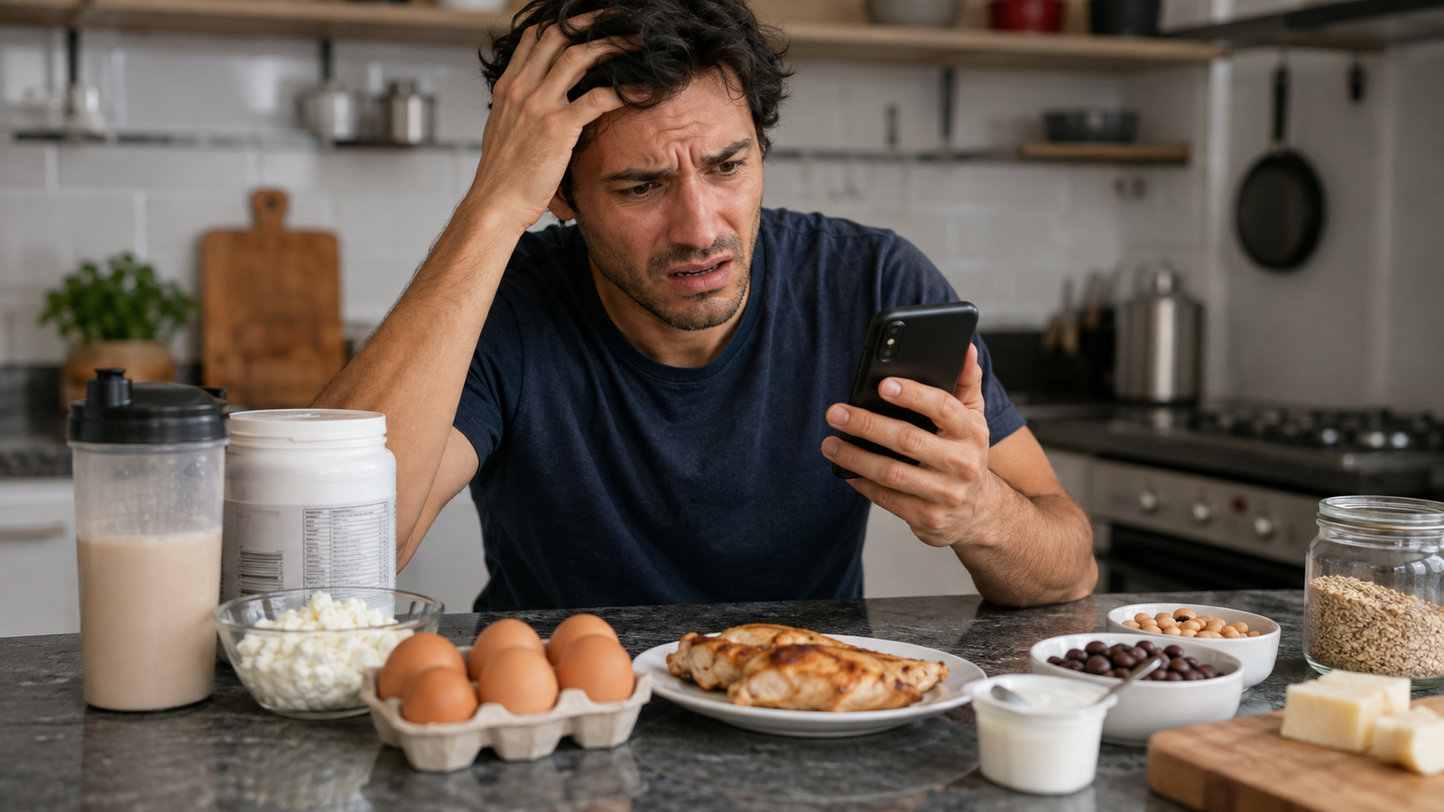 Man looking at fitness app showing conflicting protein targets