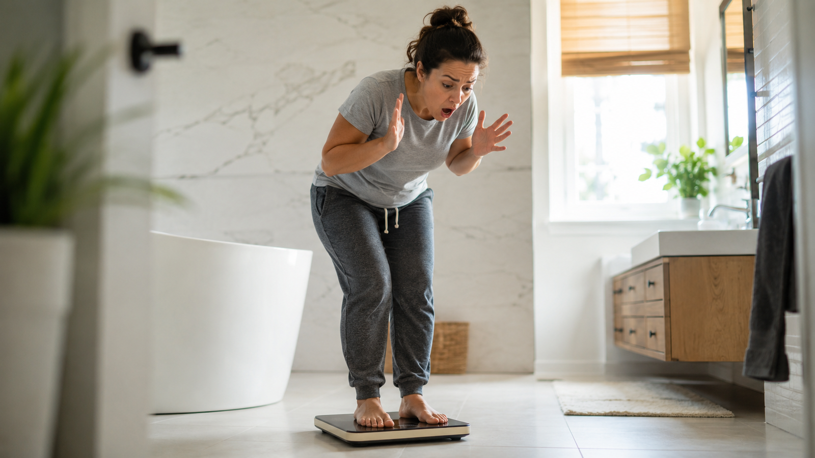 Woman standing on bathroom scale with surprised expression