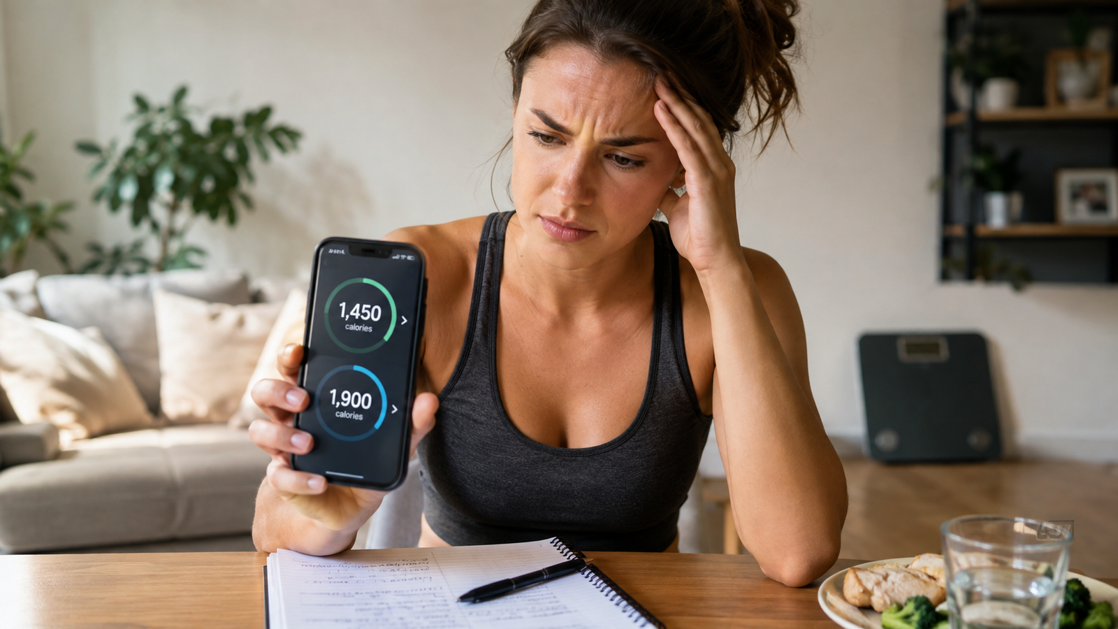 Woman looking at fitness app showing different calorie targets