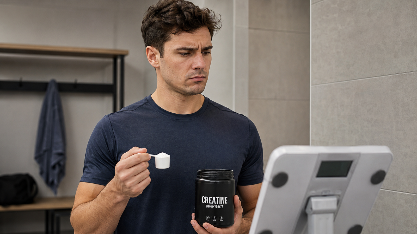 Man holding creatine supplement container with uncertain expression