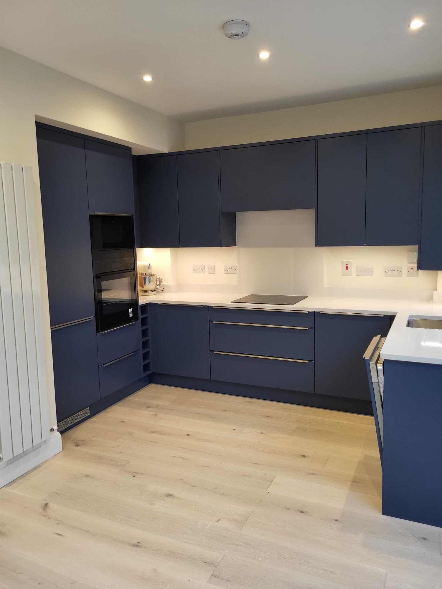 Modern kitchen with dark blue cabinets