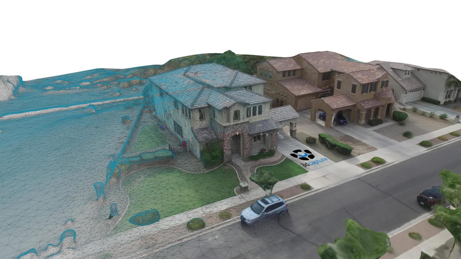 3D photogrammetry aerial survey of a coastal area with buildings, houses, road, cars and blue-green 3D mesh terrain