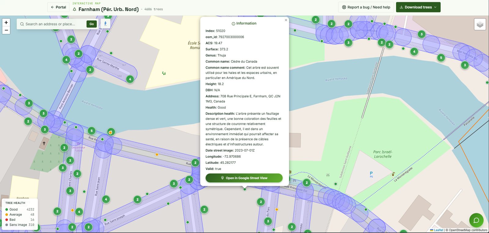 AustralGIS interactive map showing Farnham tree inventory with health indicators and information panel