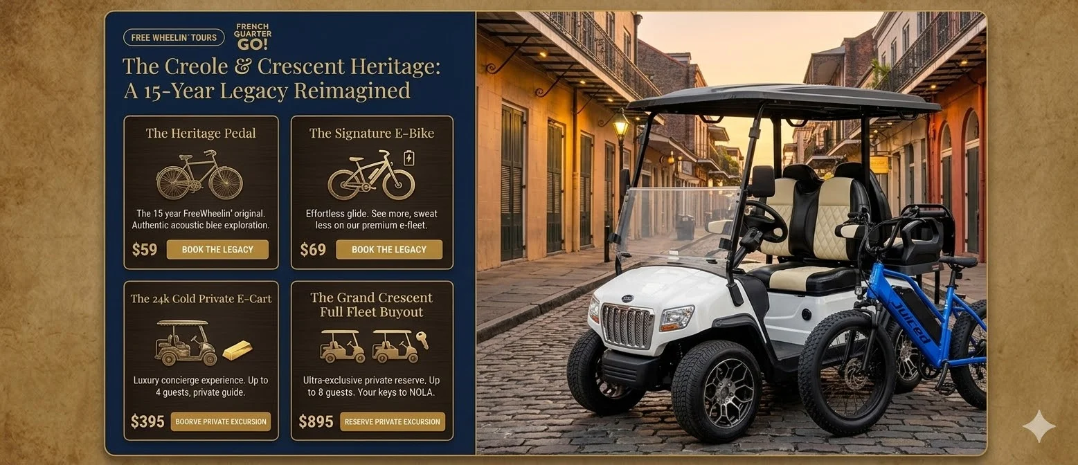 French Quarter Go! Creole and Crescent Heritage tour promotion beside a golf cart and bicycle on a French Quarter street