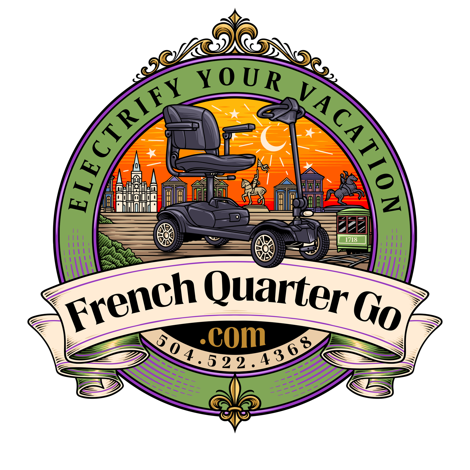 French Quarter Go! logo featuring a mobility scooter in New Orleans