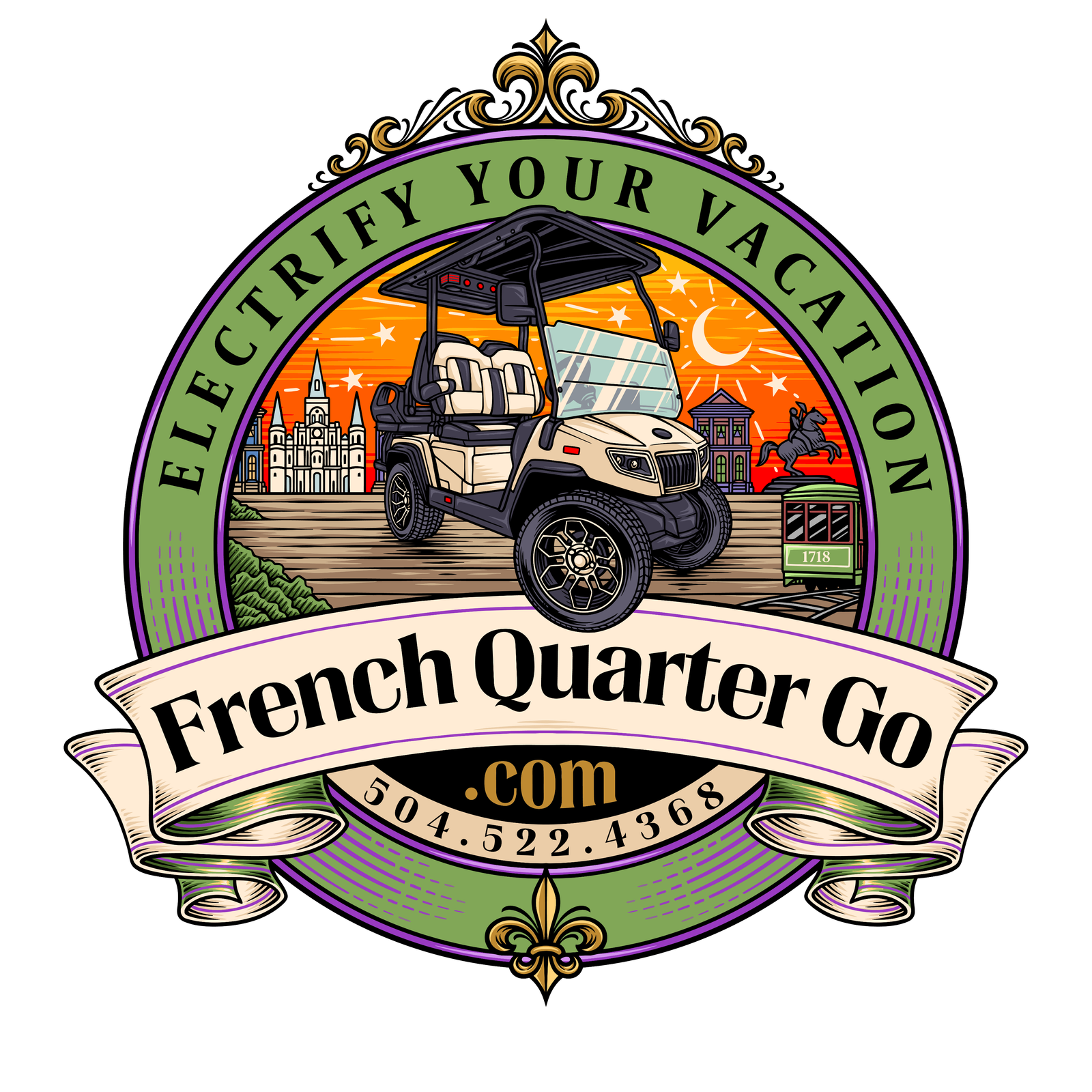 French Quarter Go! logo featuring a golf cart in New Orleans
