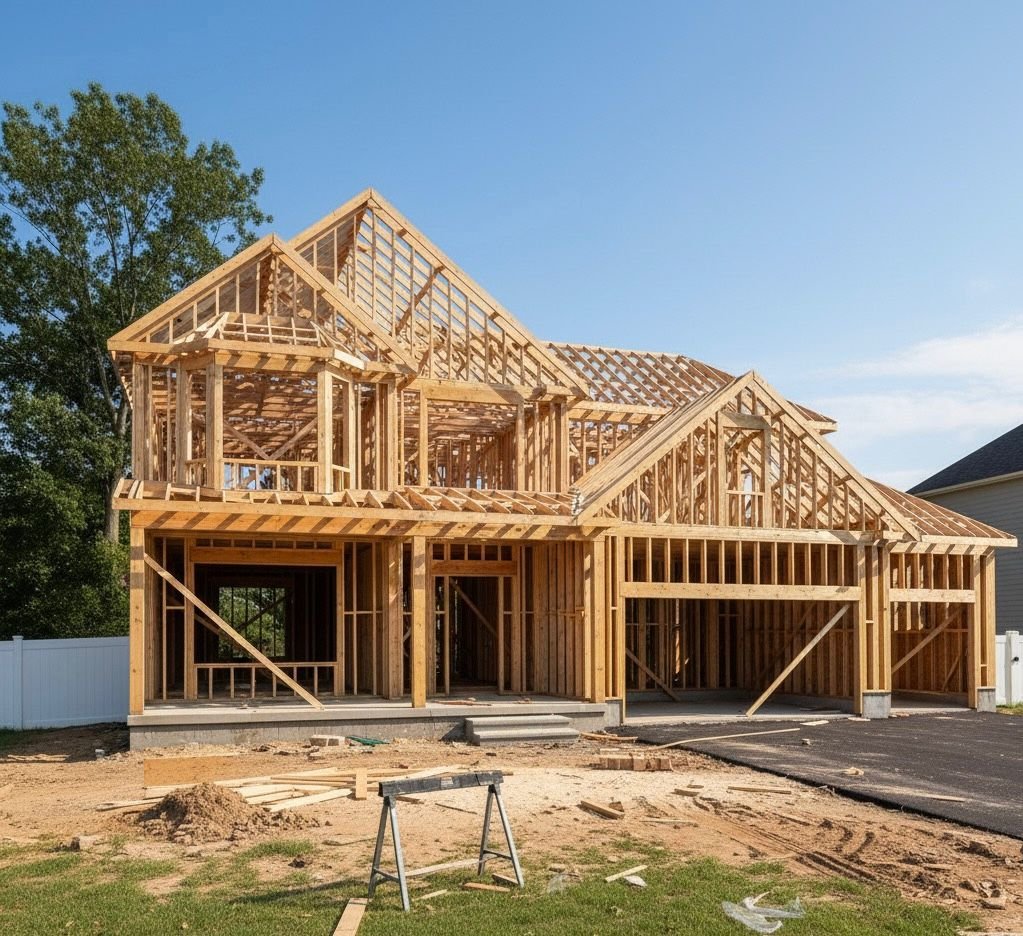 New home construction site with wooden frame structure