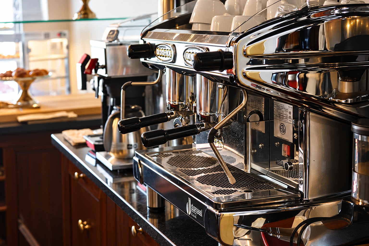 Chrome espresso machine on the black granite bar at TARNA