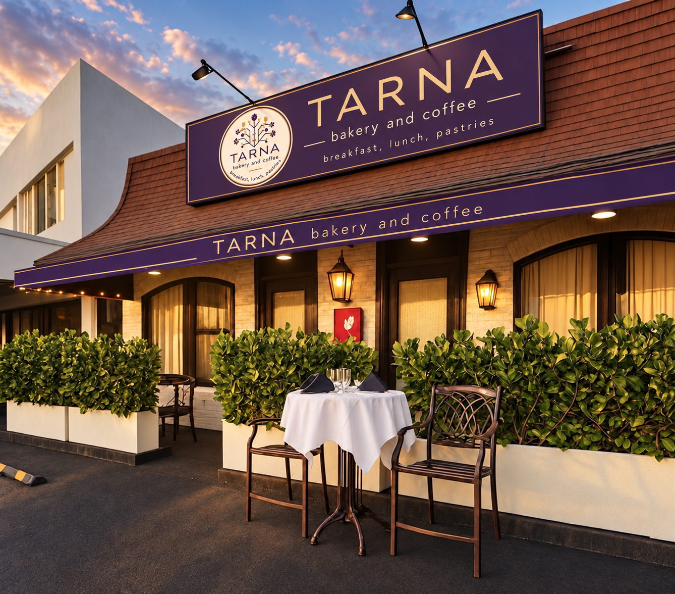 TARNA storefront at dusk with a sidewalk table set in white linen