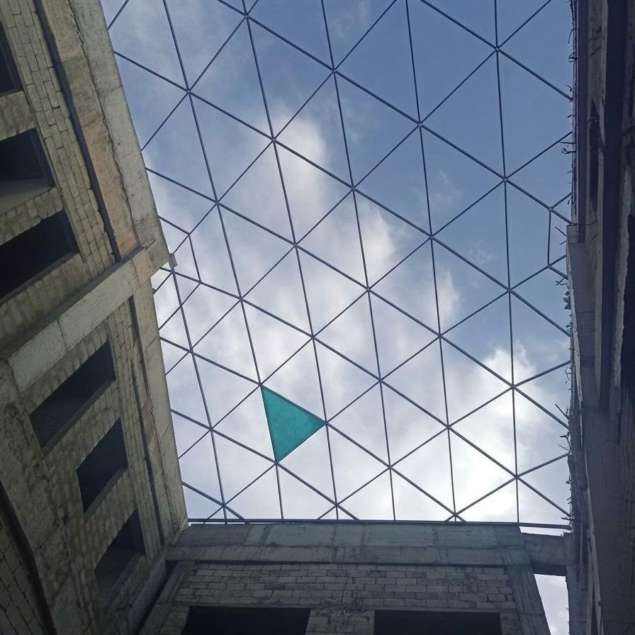 Looking up through the triangular lattice of the Navy Hospital grid shell canopy