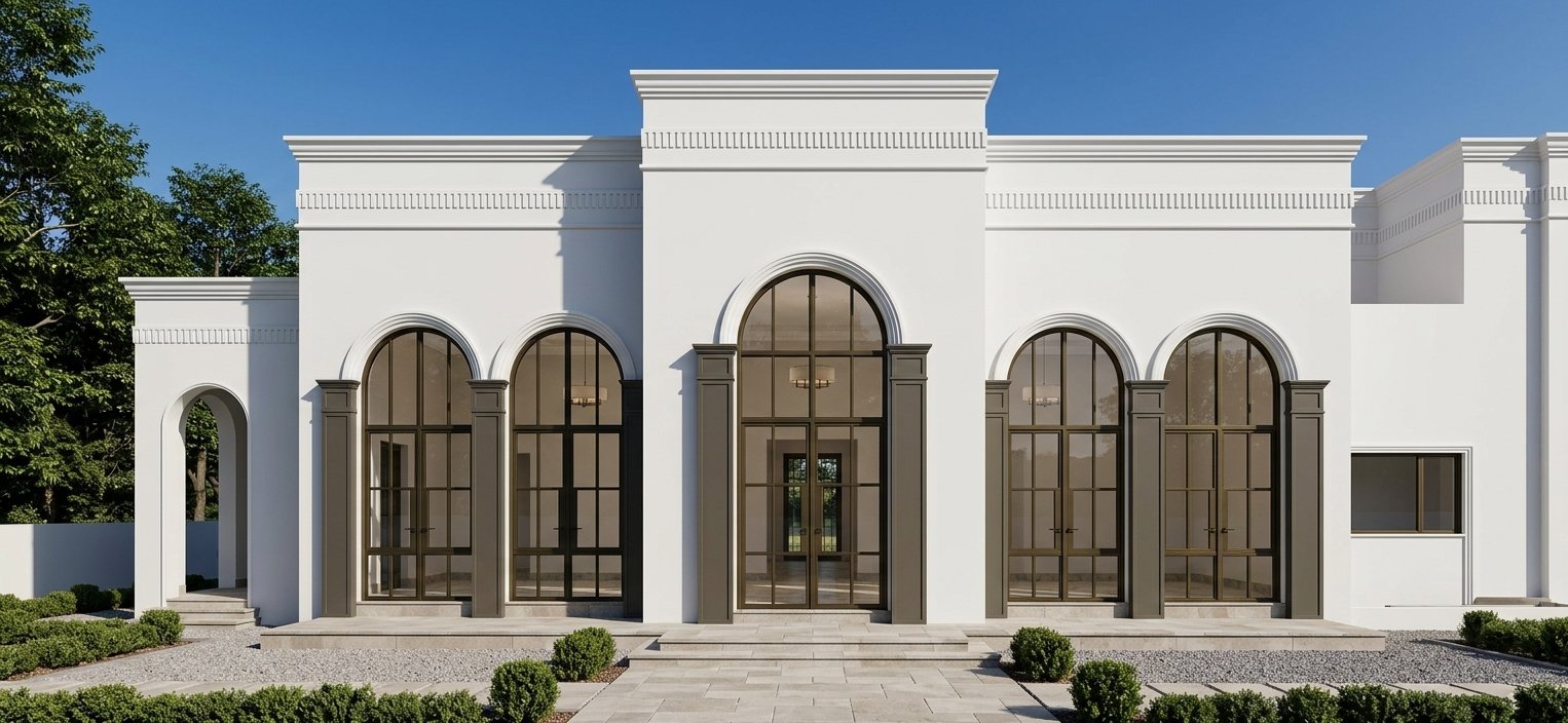 Finished classical white residence with arched dark-framed openings and cornices in Sector G-6, Islamabad