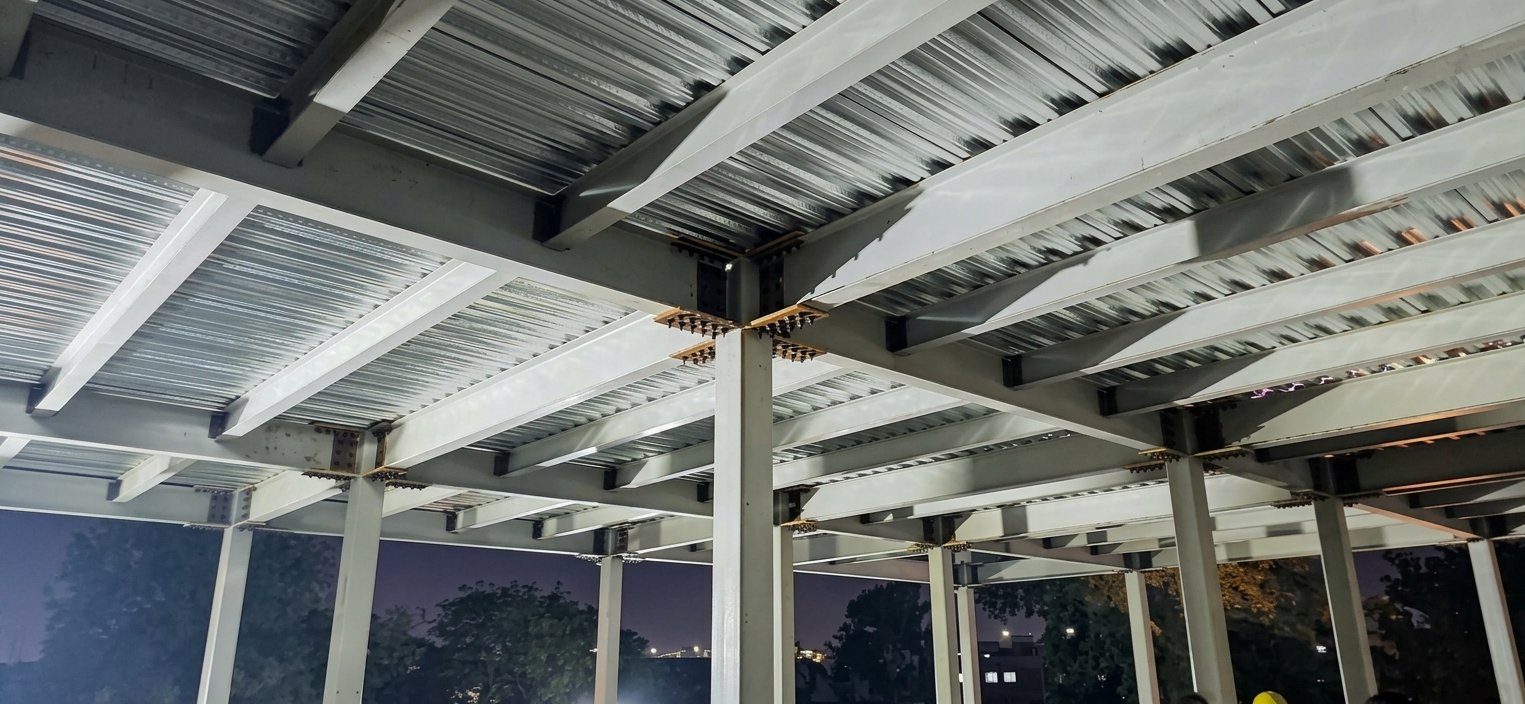 Interior view of a Multi Story Residential System steel roof structure