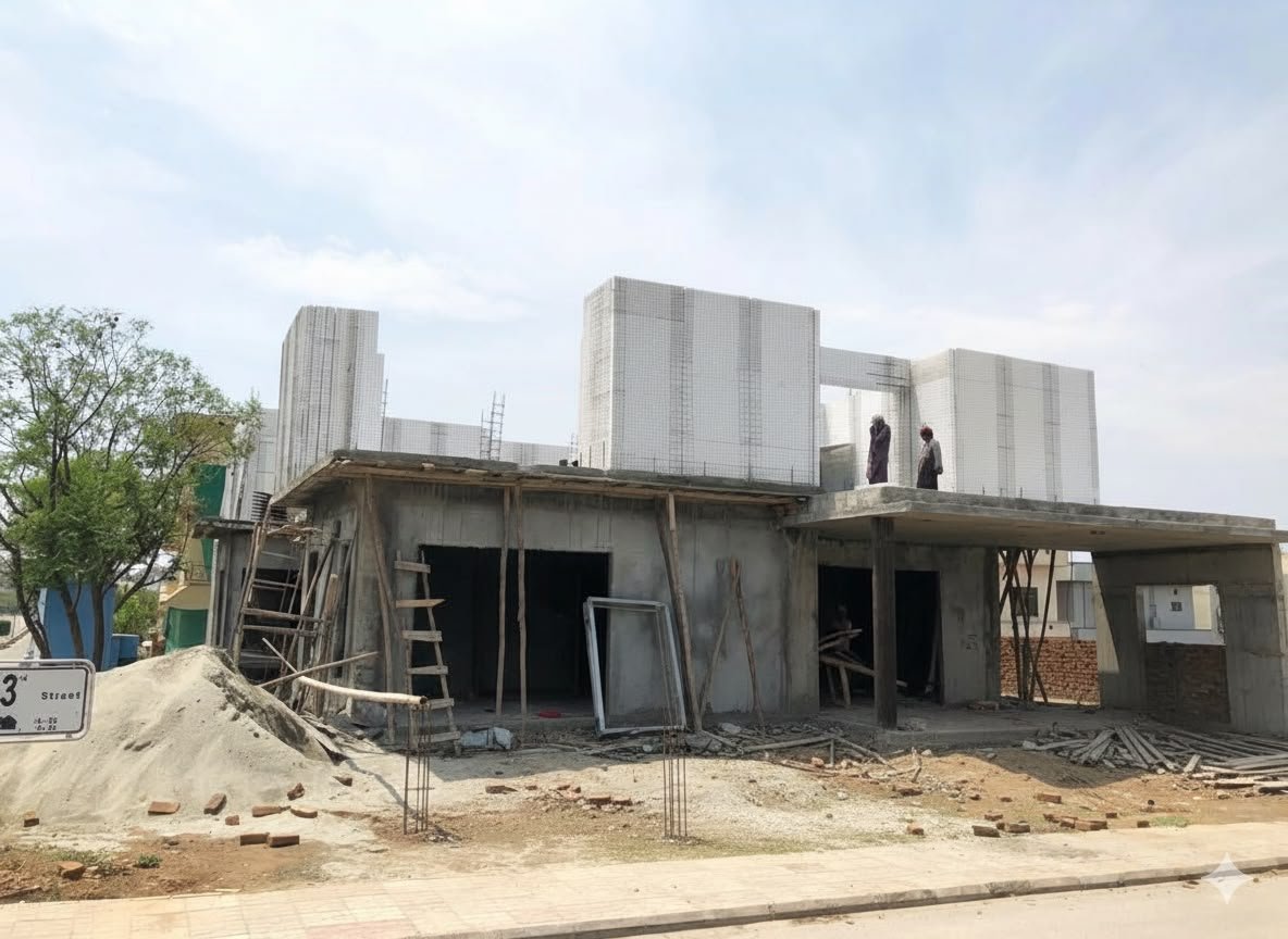 House under construction with white insulated mesh panels and workers on the roof slab