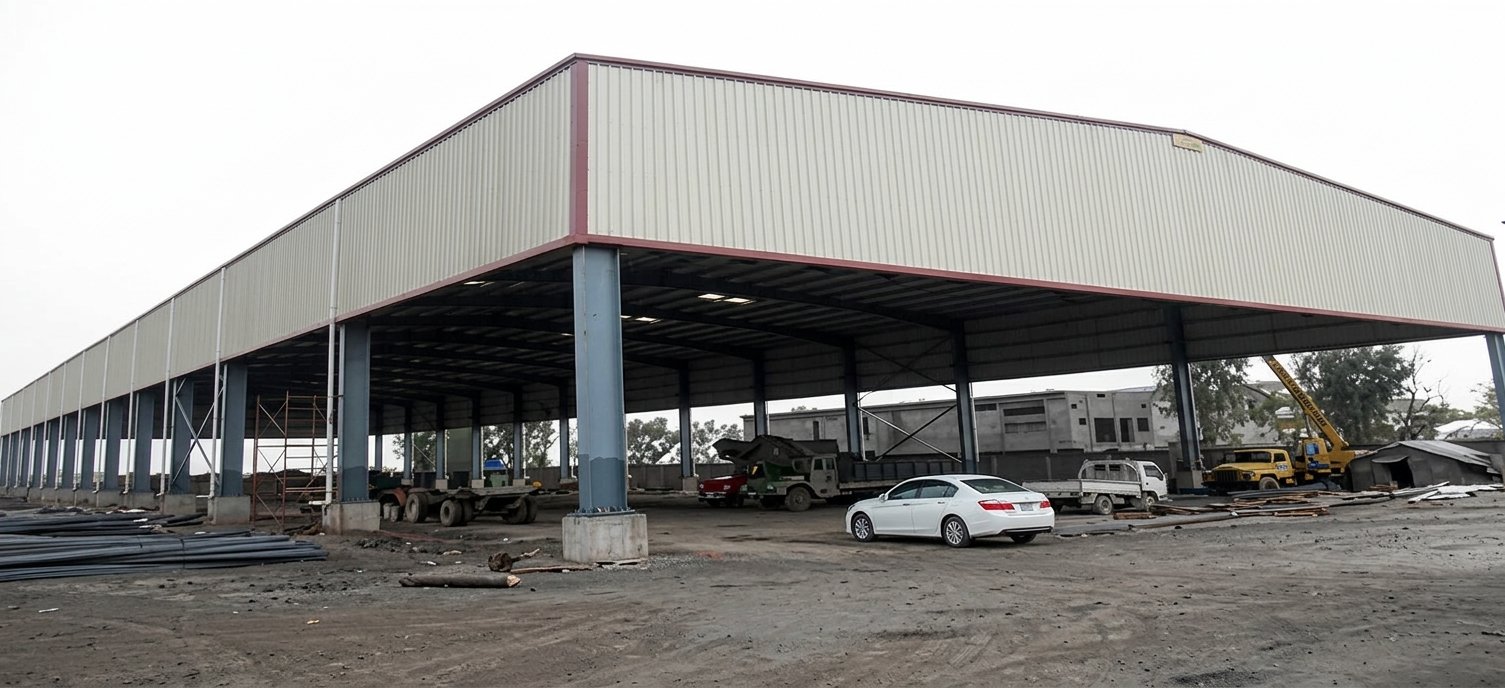 Pre-engineered steel portal frame warehouse under construction with metal cladding