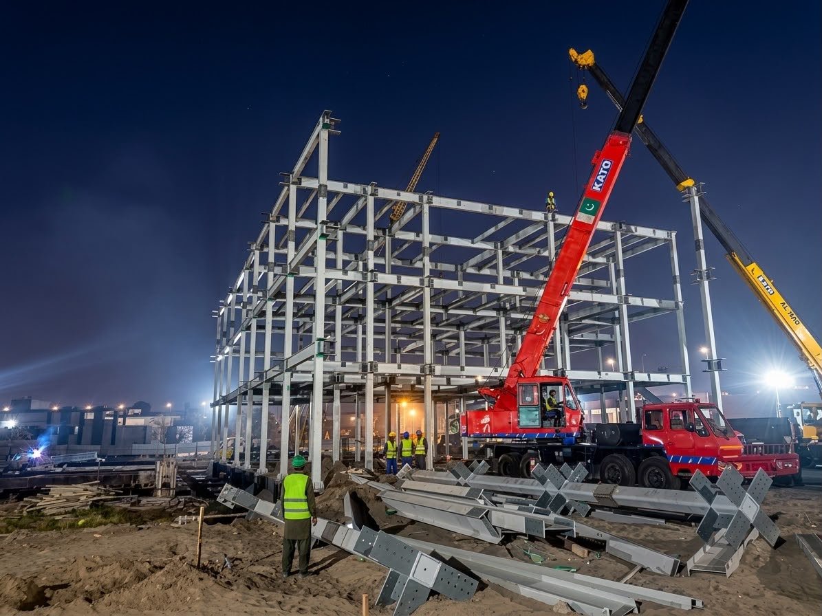 Steel frame erection at night with cranes and construction crew