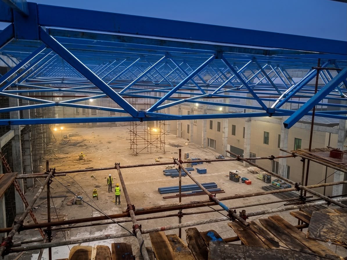 Crew under a blue steel free-form roof truss inside an open concrete hall