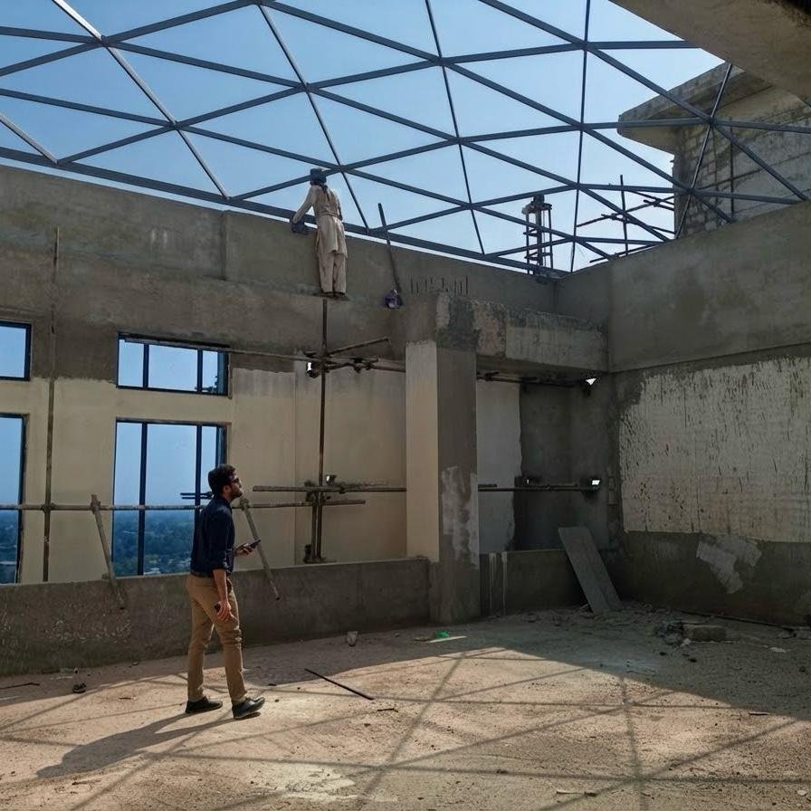 Workers erecting the Navy Hospital grid shell canopy over a concrete courtyard