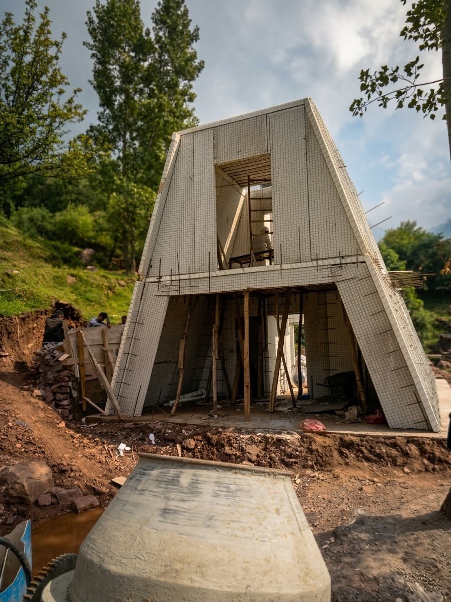 Snow Pines A-frame SCIP shell under construction on hilly terrain in Murree