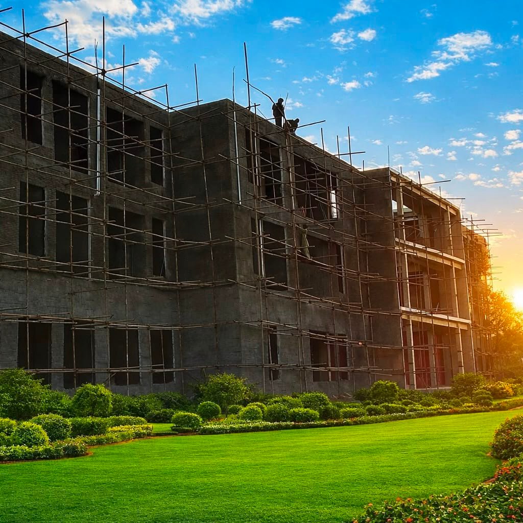 Multi-story steel and SCIP structure under scaffolding beside landscaped lawn at sunset in Rawalpindi