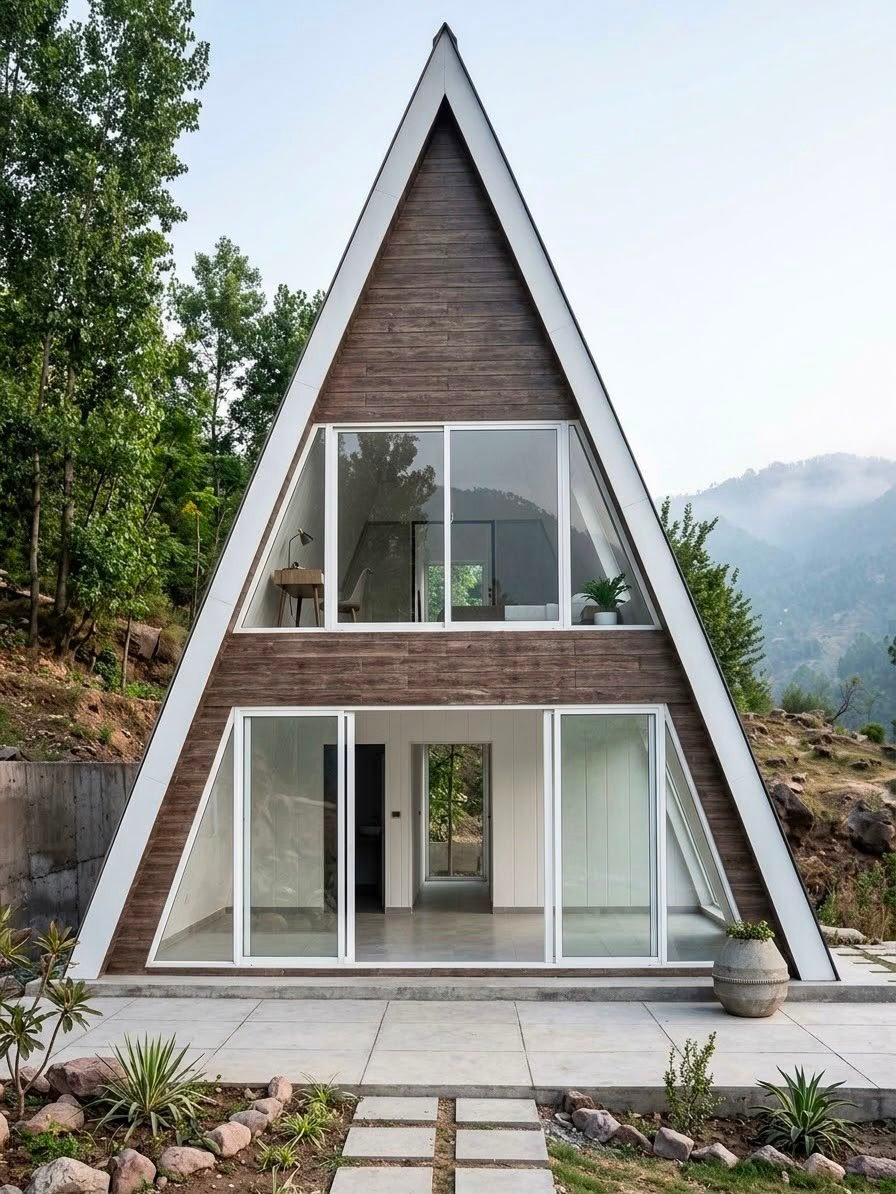Completed Snow Pines contemporary A-frame mountain retreat with wood cladding and glass