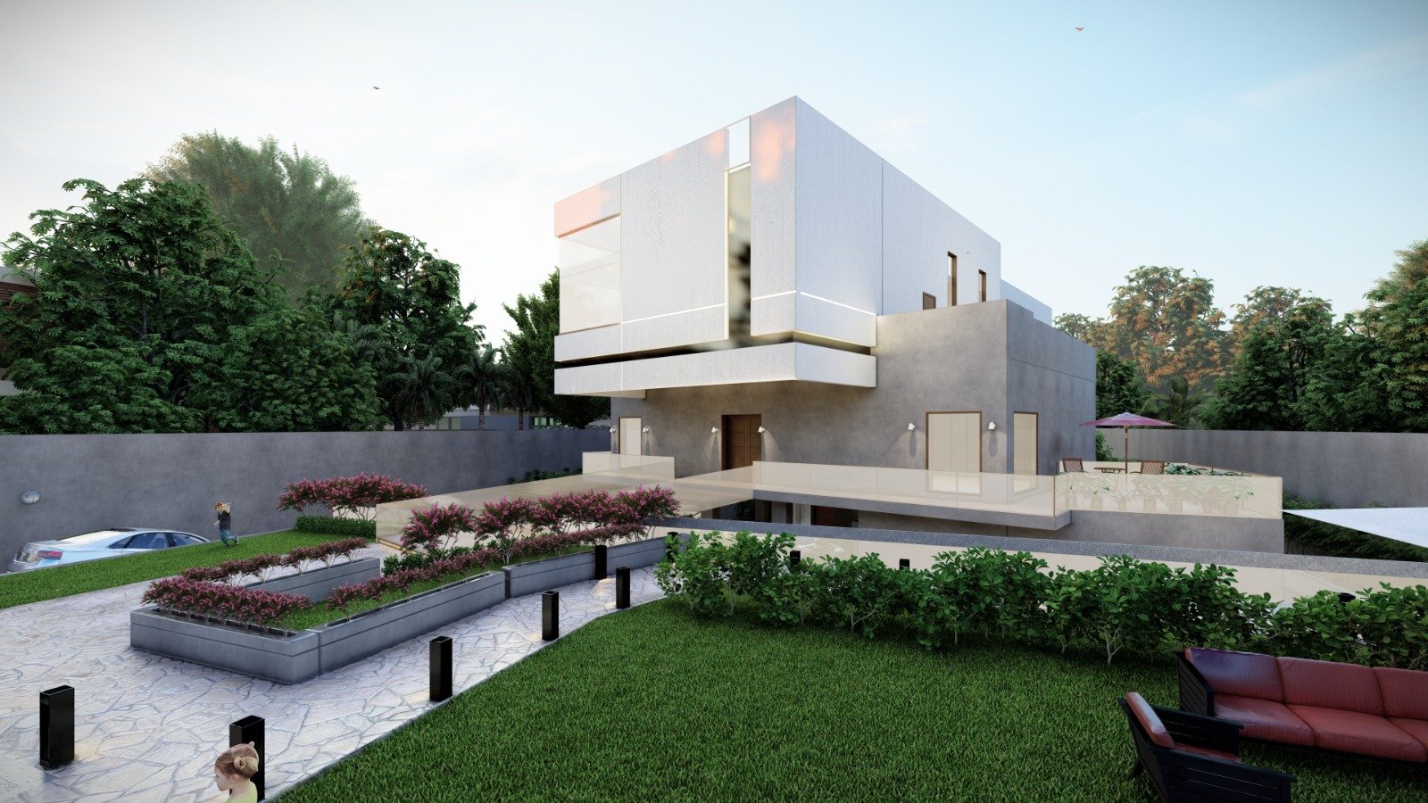 Finished Zoha Farm farmhouse rendered in daylight with landscaped gardens in Gulberg
