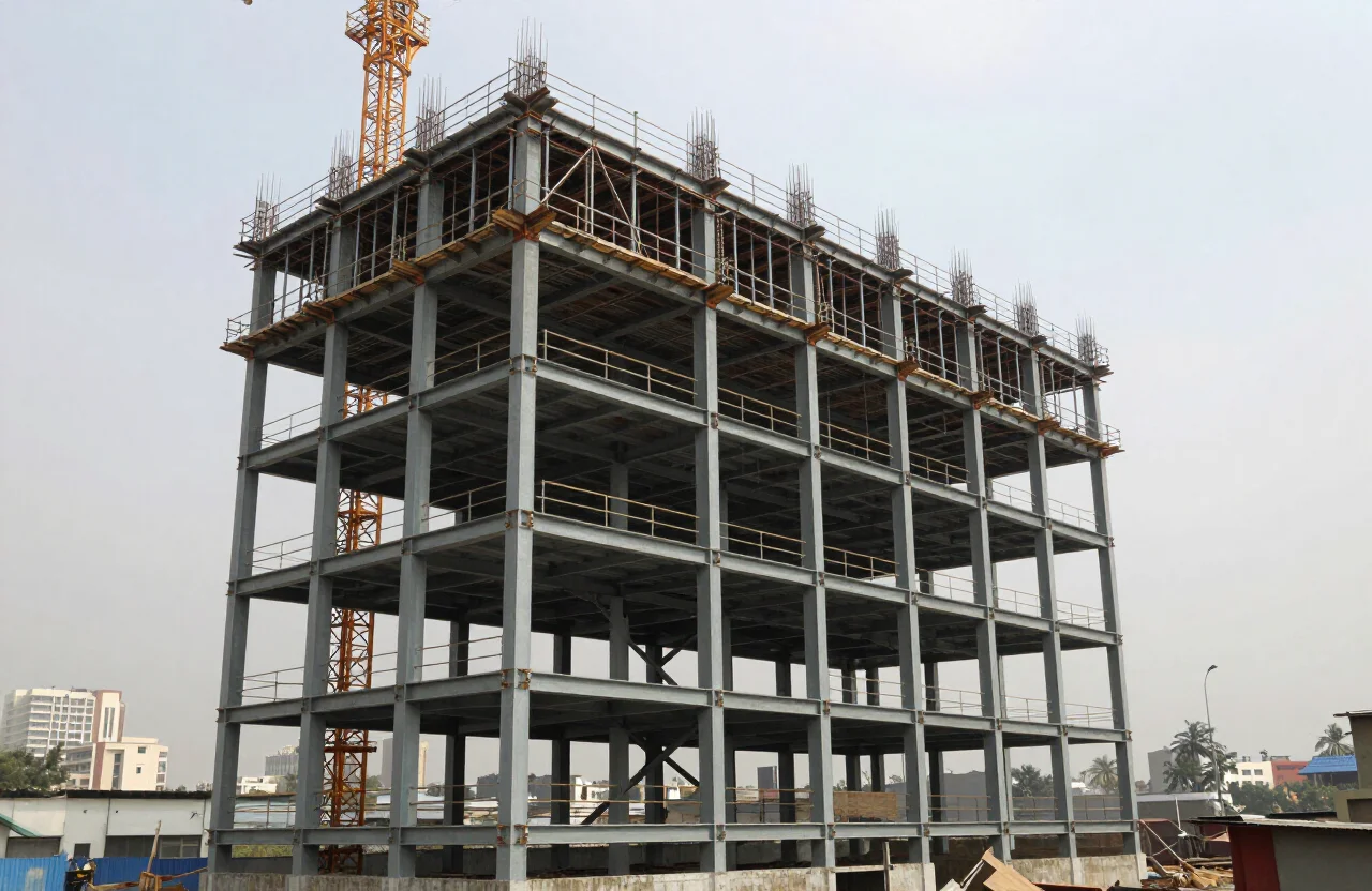 Multi-storey structural frame under construction beside a tower crane