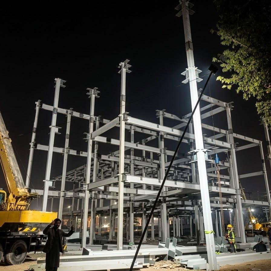 Illuminated multi-storey steel structure under construction at night