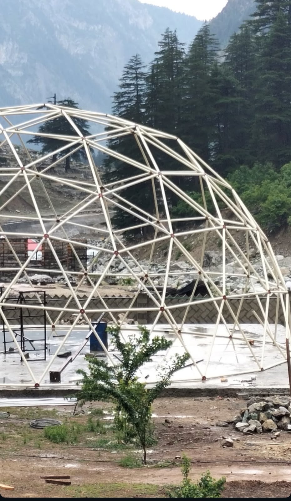 Completed triangulated Event Dome frame on a mountain site