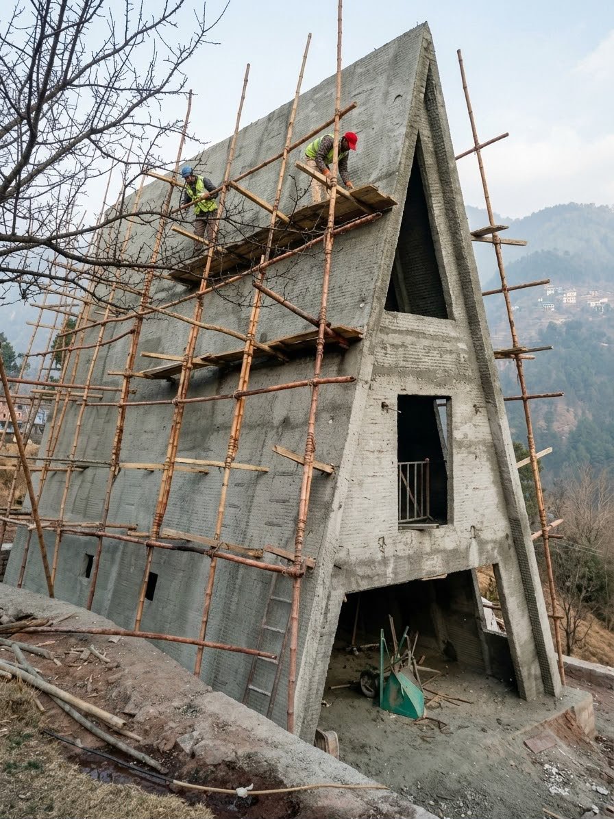 Shotcrete A-frame shell with bamboo scaffolding at Snow Pines, Murree hills beyond