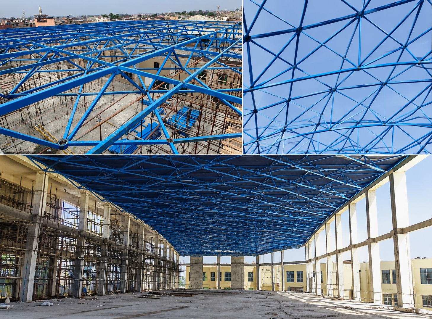 Blue steel diagonal lattice roof being erected at UMT Lahore, 2025
