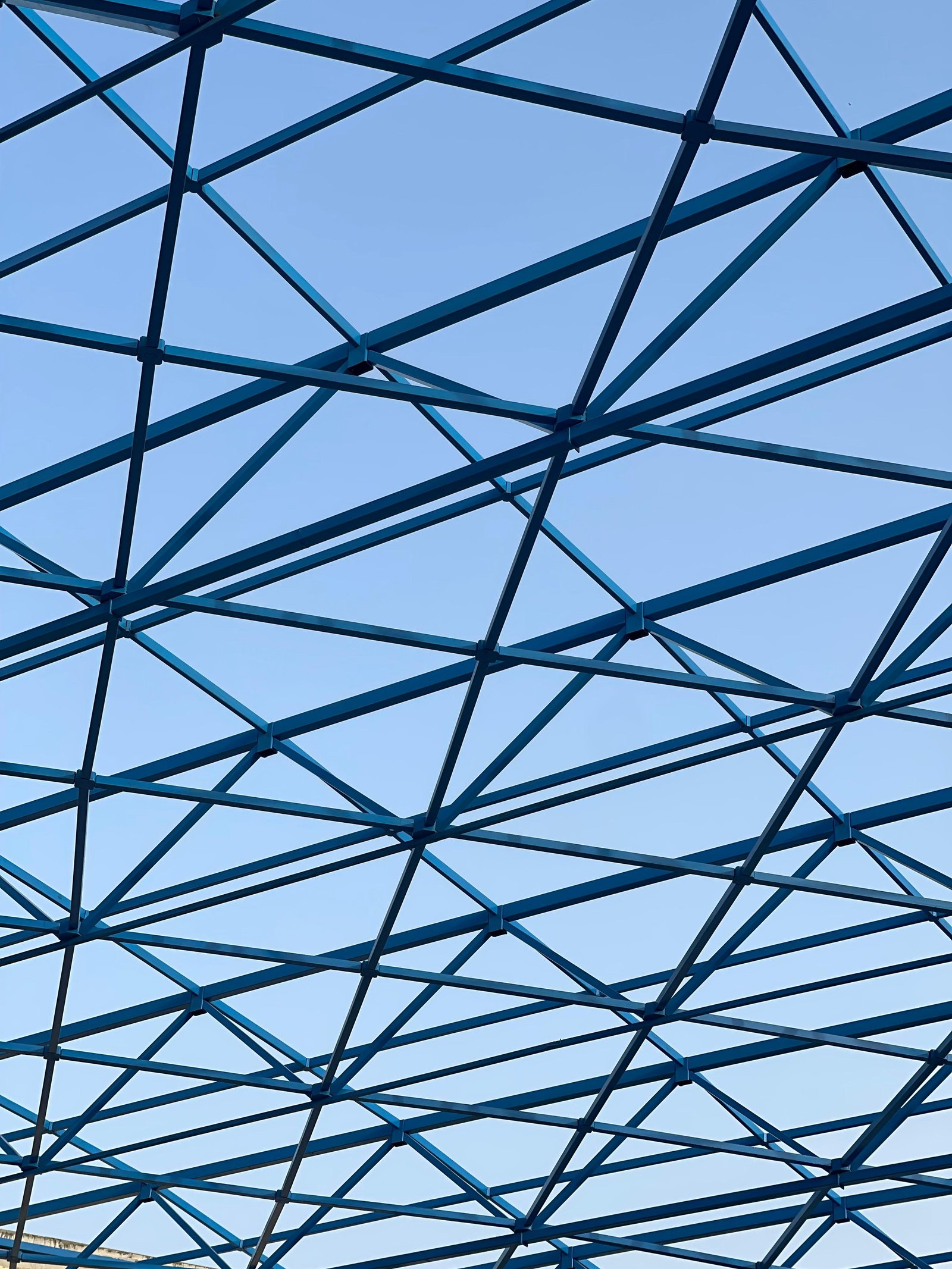 Curved steel grid shell structure against a clear blue sky
