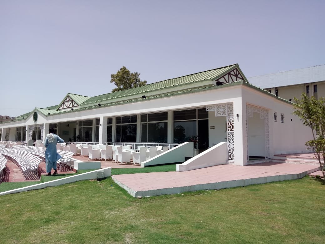 Pavilion seating and entrance viewed from the side