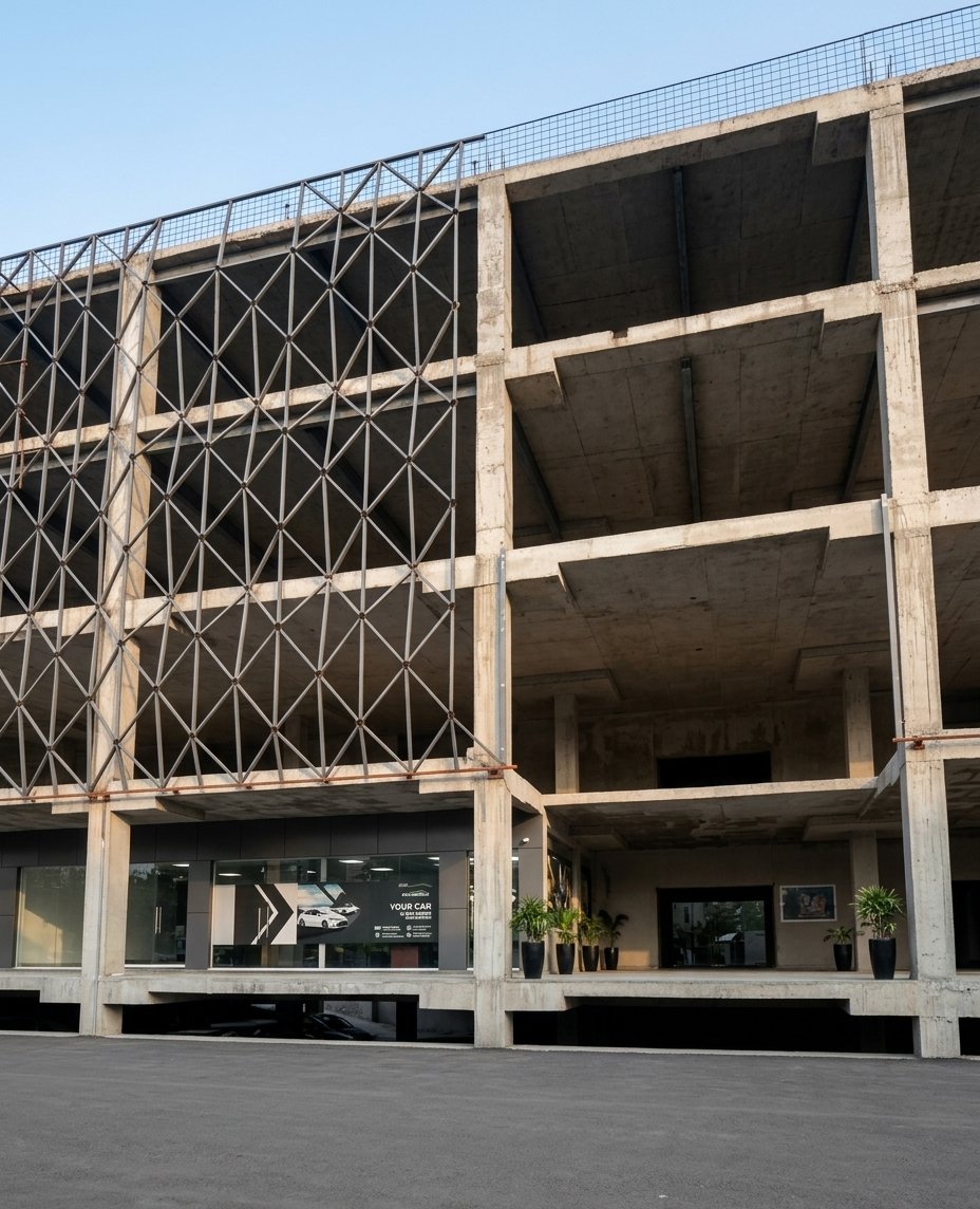 Exposed concrete multi-story frame with steel diagrid lattice at Ali Center