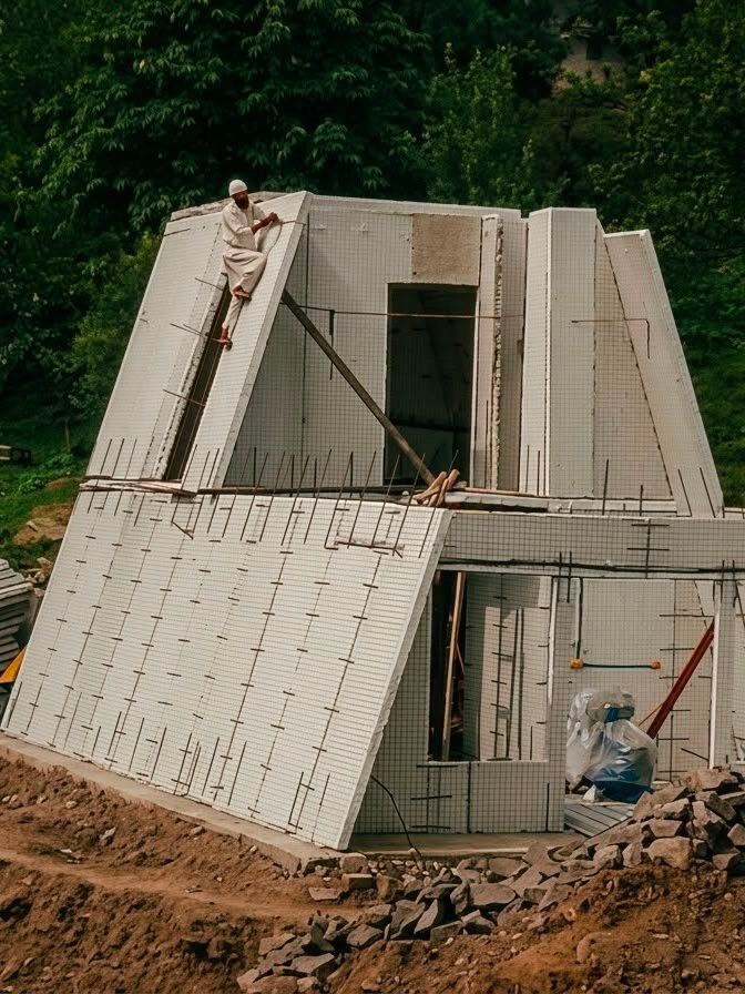 Worker positioning a large SCIP mesh panel on the Snow Pines mountain retreat