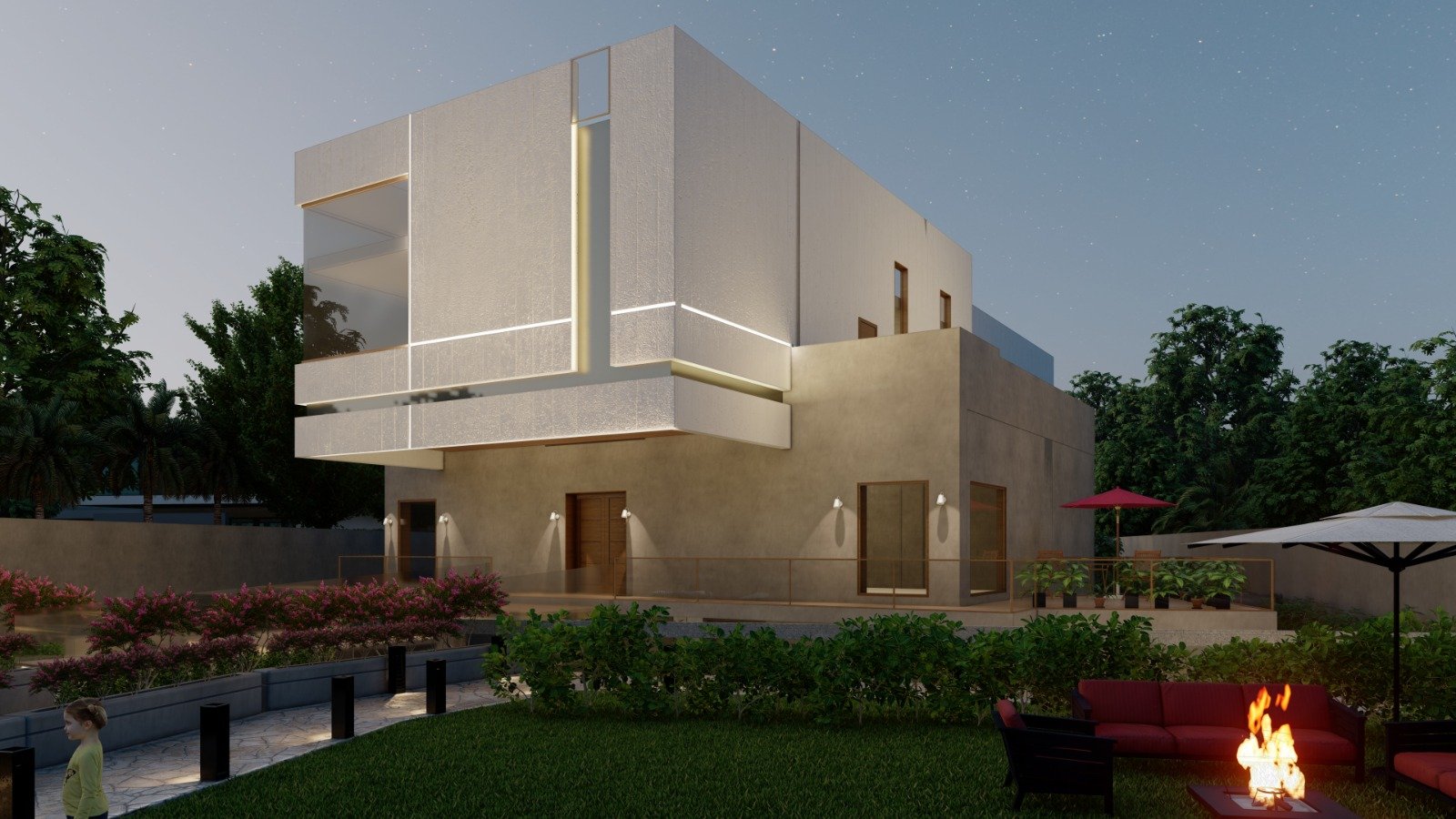 Finished Zoha Farm farmhouse rendered at dusk in Gulberg with landscaped gardens