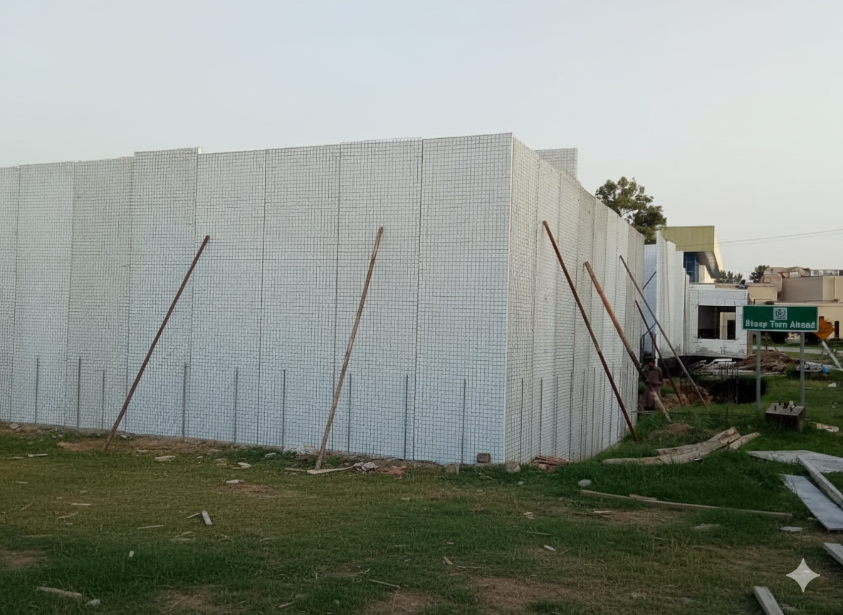 Large white wire-mesh insulated wall panels braced on a house site