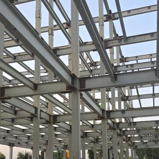 Close view of beams and columns in a multi-storey steel frame