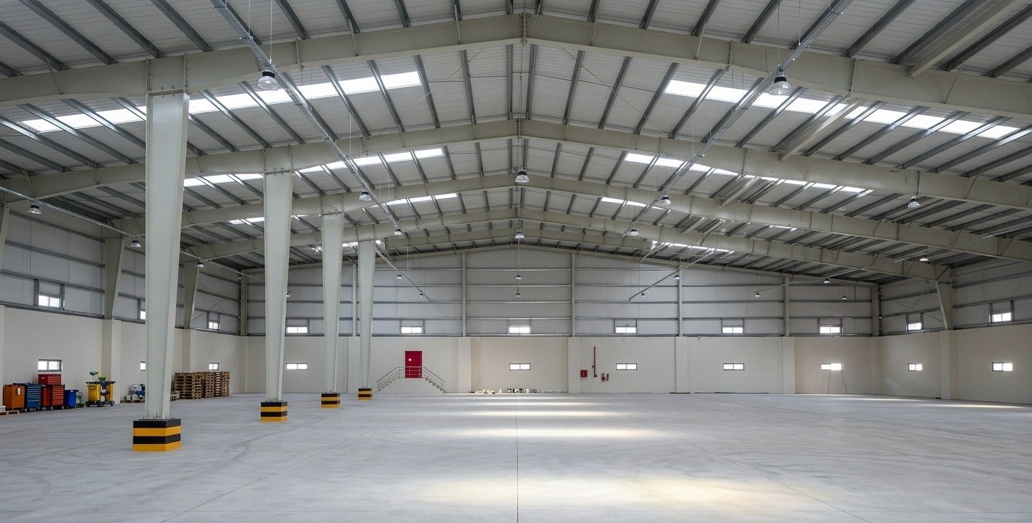 Interior of the SAPS hangar with steel roof trusses and clear floor