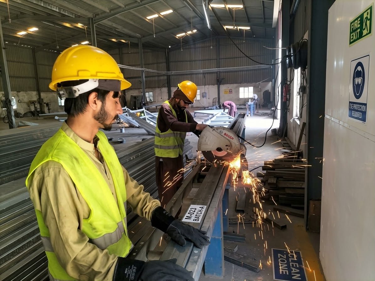 Two engineers in hard hats reviewing steel shop drawings on the factory floor