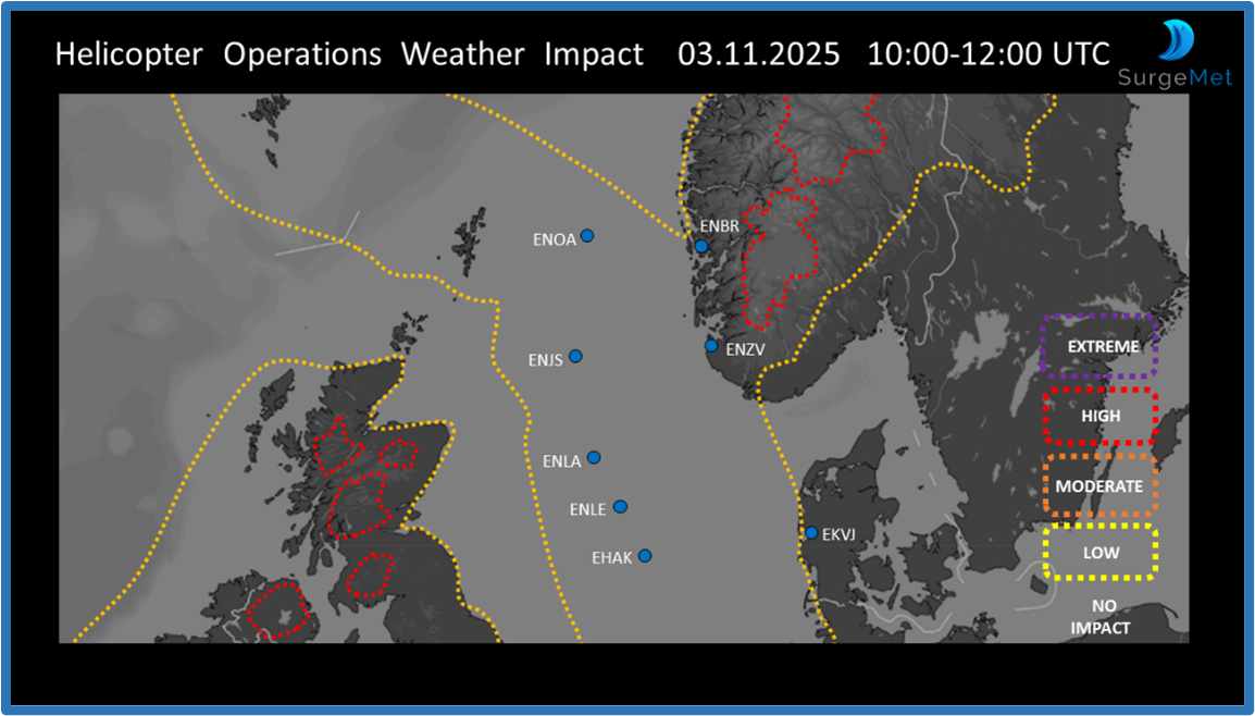 Helicopter Routes Weather impact map showing North Sea helicopter routes on 03.11.2025