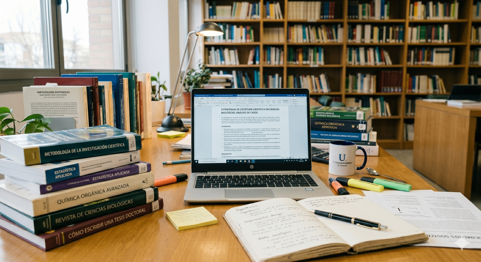 Academic research workspace showing a desk with books, laptop displaying scientific writing, notebooks, and a library in the background
