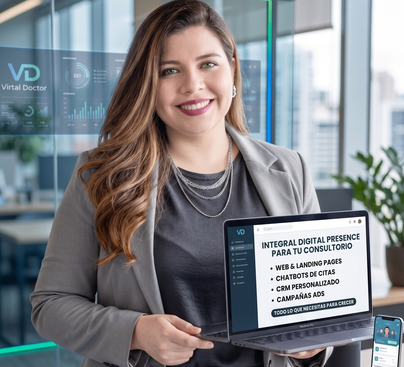 Professional woman in modern office holding laptop displaying INTEGRAL DIGITAL PRESENCE PARA TU CONSULTORIO with web, chatbots, CRM, and ADS features