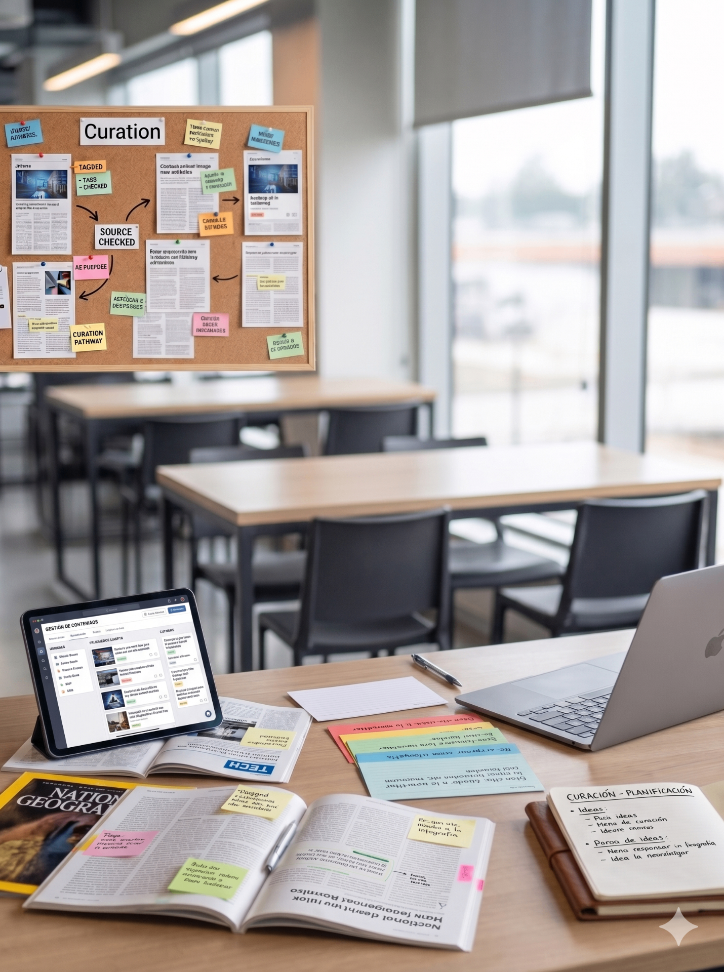 Content curation workflow and professional workspace