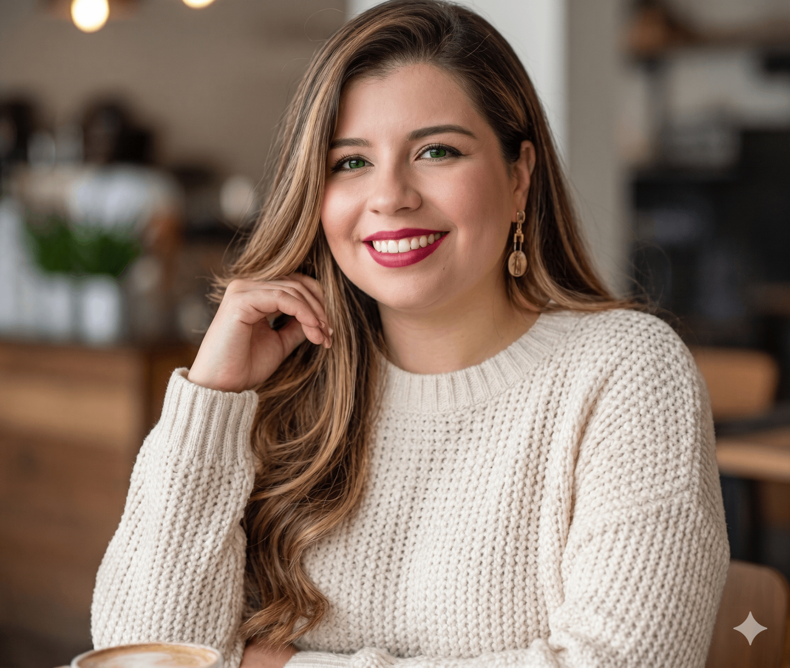 Dra. Katherine López - Retrato profesional cálido en oficina moderna, vistiendo suéter crema