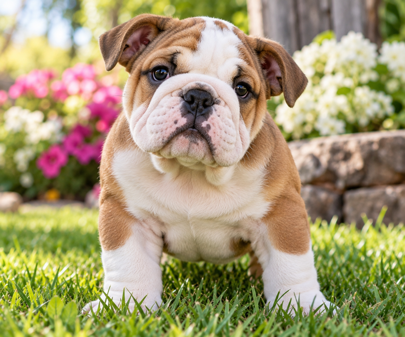 English Bulldog Puppies | Pittsford Puppies English Bulldog puppy with a tan and white coat sitting in green grass