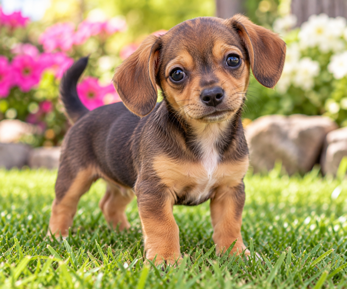 Chiweenie Puppies | Pittsford Puppies Chiweenie puppy with tan and brown markings standing on green grass