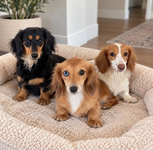 Dachshund Puppies | Pittsford Puppies Three long-haired Dachshunds sitting together on a soft cream-colored dog bed indoors
